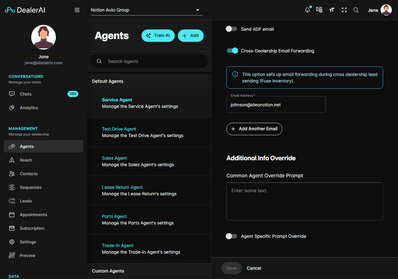 Agent settings page showing the Additional Info Override prompt editor with rich text and Markdown toggle