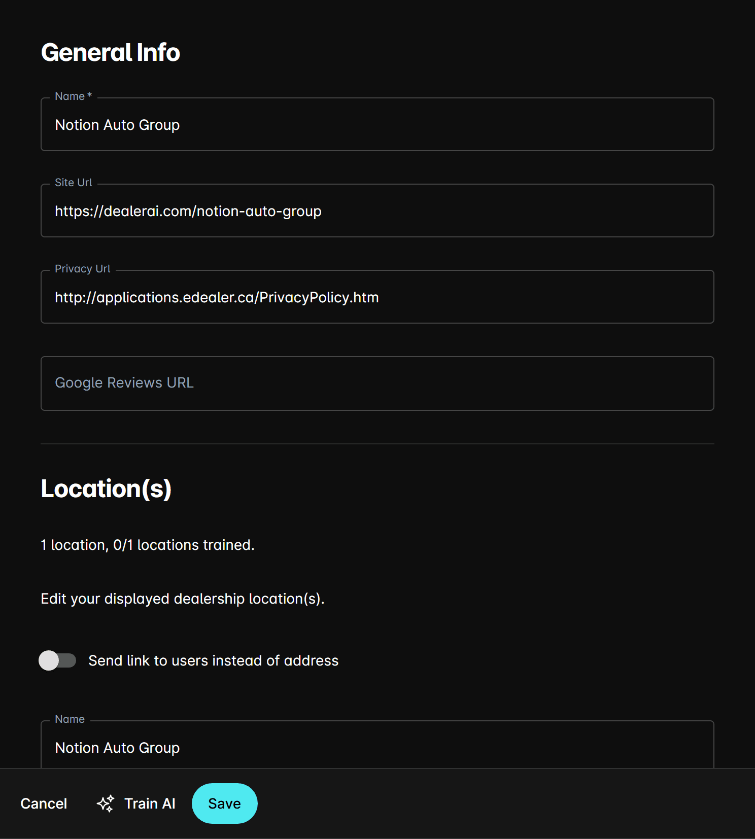 Settings General Info form showing dealership name, site URL, privacy URL, and location fields