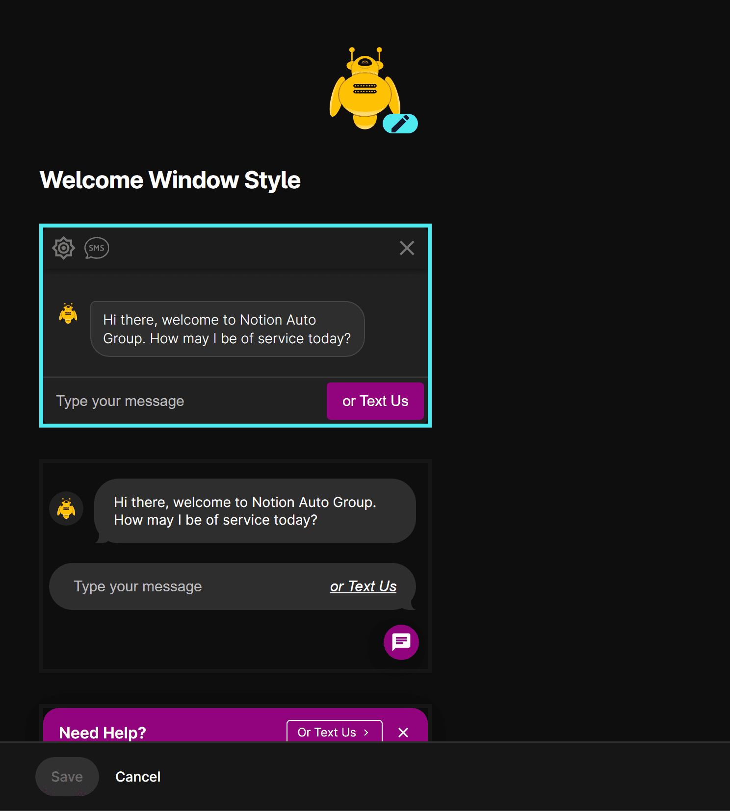 Webchat settings showing bot avatar, Welcome Window Style selector, and chat preview panels