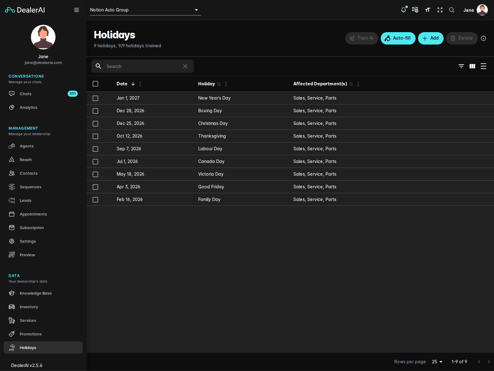 Holidays list