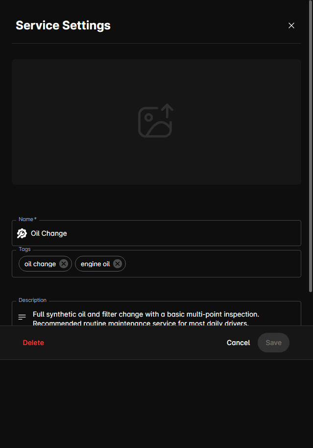 Service Settings panel showing an existing Oil Change service with Name, Tags, Description, and Cost fields